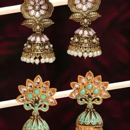 Oomph Mint Green Meenkari & Pink Opal Stones Floral Ethnic Jhumki Earrings - Set of 2-image-2