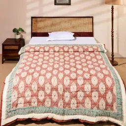 Fabindia Amer Aqua-coral Red & Aqua Cotton Printed Single Quilts-image-67