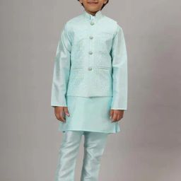 TAHVO Boys Blue Embroidery Full Sleeves Kurta Pyjama Sets-picture-39