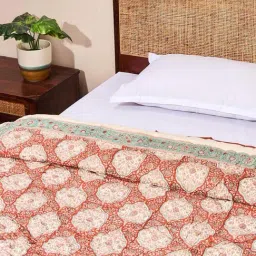 Fabindia Amer Aqua-coral Red & Aqua Cotton Printed Single Quilts image 2