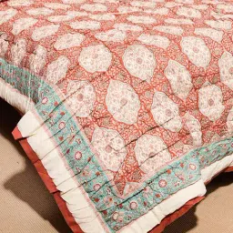 Fabindia Amer Aqua-coral Red & Aqua Cotton Printed Single Quilts image 3