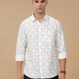Linen Club White Linen Blend Slim fit Print casual shirts-image-83