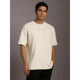 Louis Philippe Beige Cotton Relaxed Fit Texture T-Shirt-image-4