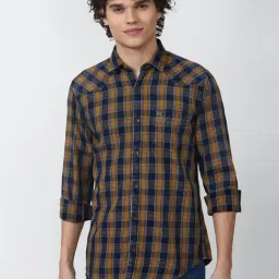 Peter England Jeans Brown Cotton Slim Fit Checks Shirt-picture-27