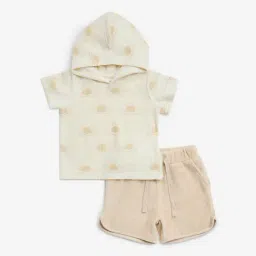 HOP Baby by Westside Beige Printed Cotton-Blend Hoodie with Shorts Set image 1
