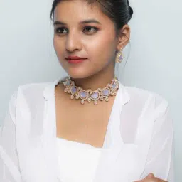 VOJ Gold Plated Leavender Color Stone Kundan Studded Choker Jewellery Set for Women-image-20