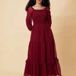 Globus Maroon Self Design Fit & Flare Dress image 2