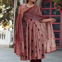 KALINI Ethnic Motifs Printed Round Neck A Line Kurta With Trousers & Dupatta image 3