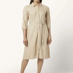 Annabelle by Pantaloons Beige Linen Striped Shirt Dress-picture-41
