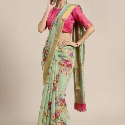 Saree Mall Green Linen Floral Print Saree With Unstitched Blouse-picture-31