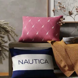 Nautica Logo Stripe Dull Pink & Navy Microfibre 300 GSM Premium Cushion Covers - Set of 2-image-0
