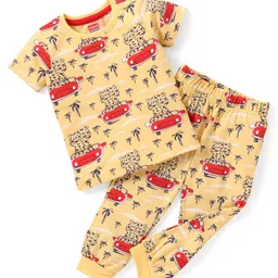 Babyhug Cotton Knit Half Sleeves Car Printed Night Suit - Yellow-image-25