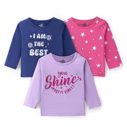Doodle Poodle 100% Cotton Single Jersey Knit Full Sleeves Text & Star Printed T-Shirts Pack of 3 - Blue Pink & Purple-picture-23