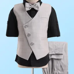 Robo Fry Woven Full Sleeves Checks 3 Piece Party Suit With Bow -Black & Gray-picture-18