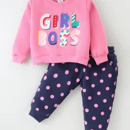 Smarty Girls Fleece Woven Full Sleeves Night Suit with Text & Polka Dot Print - Pink & Navy Blue-picture-26