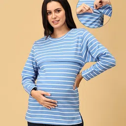 The Mom Store Full Sleeves Striped Maternity Sweatshirt With Concealed Zipper Nursing Access - Light Blue-picture-30