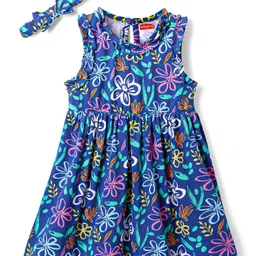 Babyhug Single Jersey Knit Sleeveless Frock & Head Band Floral Print - Blue-picture-19
