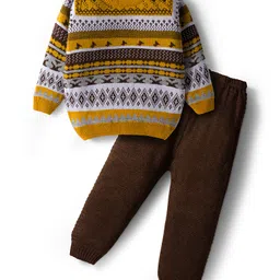 Babyhug Knit Full Sleeves Pullover Sweater & Pant Set with Fair Isle Design - Mustard & Brown-picture-24