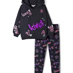 Primo Gino 100% Cotton French Terry Knit Full Sleeves Hooded Sweatshirt with Jogger Set with Text Print & Sequin - Black-picture-26