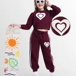 OLLINGTON ST. Cotton Full Sleeves Sweatshirt With Heart Print & Knit Joggers Set - Wine-picture-22