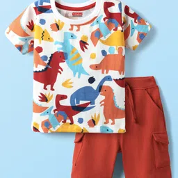 Babyhug Single Jersey Knit Half Sleeves T-Shirt & Shorts Set With Dino Print - White & Red-picture-10