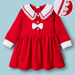 Mark & Mia Cotton Knit Full Sleeves Party Dress with Bow Applique - Red-picture-25
