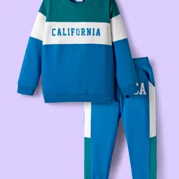Babyhug Terry Knit Full Sleeves T-Shirt & Jogger Set with California Text Print - Green & Blue-picture-27
