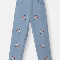 Nautinati Cotton Knit Floral Embroidered Elasticated Waistband Jeans - Blue-image-65