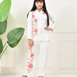 Bella Moda Cotton Woven Full Sleeves Floral & Leaf Embroidered Coordinating Shirt Style Top & Pant Set - White-picture-26