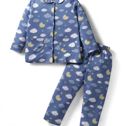Teddy Sinker Knit Full Sleeves Co-ords Night Suit With Cloud Print - Blue-picture-20