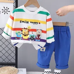 POP STREET KIDS Cotton Knit Full Sleeves Smile Happy Text Printed Light Winter Sweatshirt & Jeans Set - White-picture-11