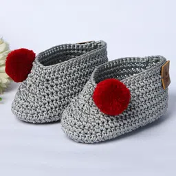 Funkrafts Knit Handmade Crochet Designed & Pom Pom Embellished Booties - Grey-image-47