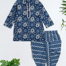 The Magic Wand Cotton Woven Full Sleeves Floral Printed Kurta & Dhoti Set - Navy Blue-picture-33