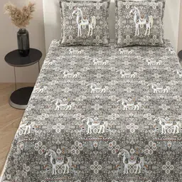 INDRA'S Grey & White Ethnic Motifs 160 TC King Bedsheet with 2 Pillow Covers image 5