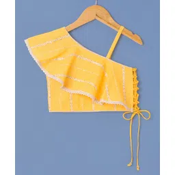 Babyoye Eco-Conscious Cotton Sleeveless Choli & Lehenga With Sequin Detailing - Yellow & White image 2