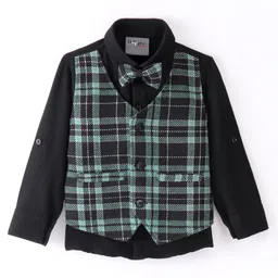 Dapper Dudes Full Sleeves Shirt With Attached Checked Waistcoat & Bow - Green image 2