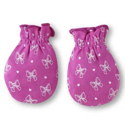 Babyhug 100% Cotton Knit Mittens & Booties Set with Bow & Hearts Print - Dark Pink image 2