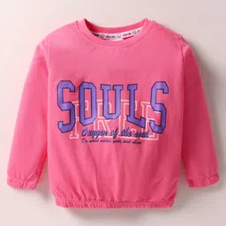 Olio Kids Looper Knit Full Sleeves Winter Wear Sweatshirt & Jogger Set with Souls Text Print - Pink image 2