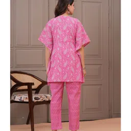 CeleBravo Cotton Woven Half Batwing Sleeves Floral Printed Maternity Ethnic Kaftan Style Kurta With Nursing Access & Pant Set - Pink image 3