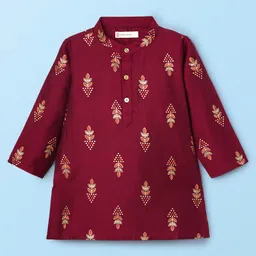 EARTHY TOUCH Woven Full Sleeves Kurta Dhoti Set with Motif Glitter Print - Maroon image 2