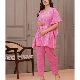 CeleBravo Cotton Woven Half Batwing Sleeves Floral Printed Maternity Ethnic Kaftan Style Kurta With Nursing Access & Pant Set - Pink image 4