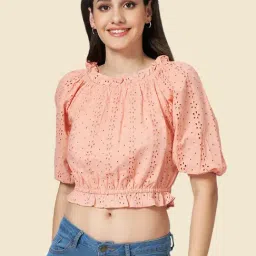 YU by Pantaloons Peach Cotton Self Pattern Crop Top image 3