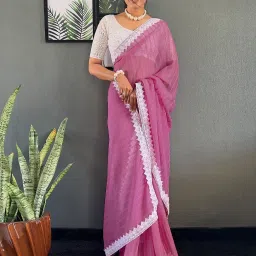 Satrani Pink Chiffon Striped Saree With Unstitched Blouse image 5