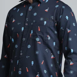 Monte Carlo Navy Cotton Regular Fit Printed Shirt image 5