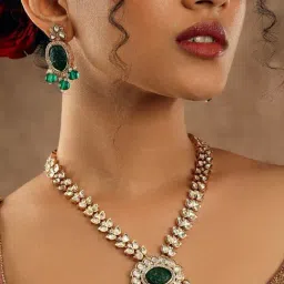 Curio Cottage Emerald Carved Polki Necklace Set-picture-18