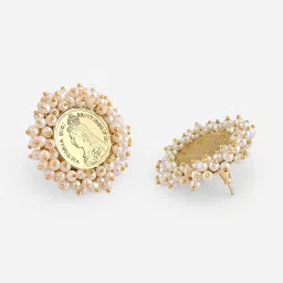 Fida Gold White Queen Victoria Coin Pearl Stud Earrings image 5