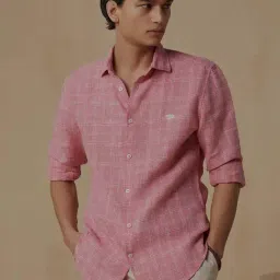 ANDAMEN Pink Regular Fit Check Linen Shirt-image-19