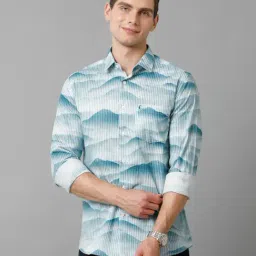 CAVALLO by Linen Club Blue Contemporary Fit Printed Cotton Linen Shirt-image-75
