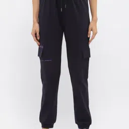 MADAME M Secret Navy Cotton Blend Graphic Print Mid Rise Joggers-image-36