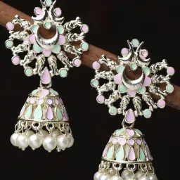 Oomph Pink & Turquoise Green Meenakari & Pearls Ethnic Jhumki Earrings-image-24